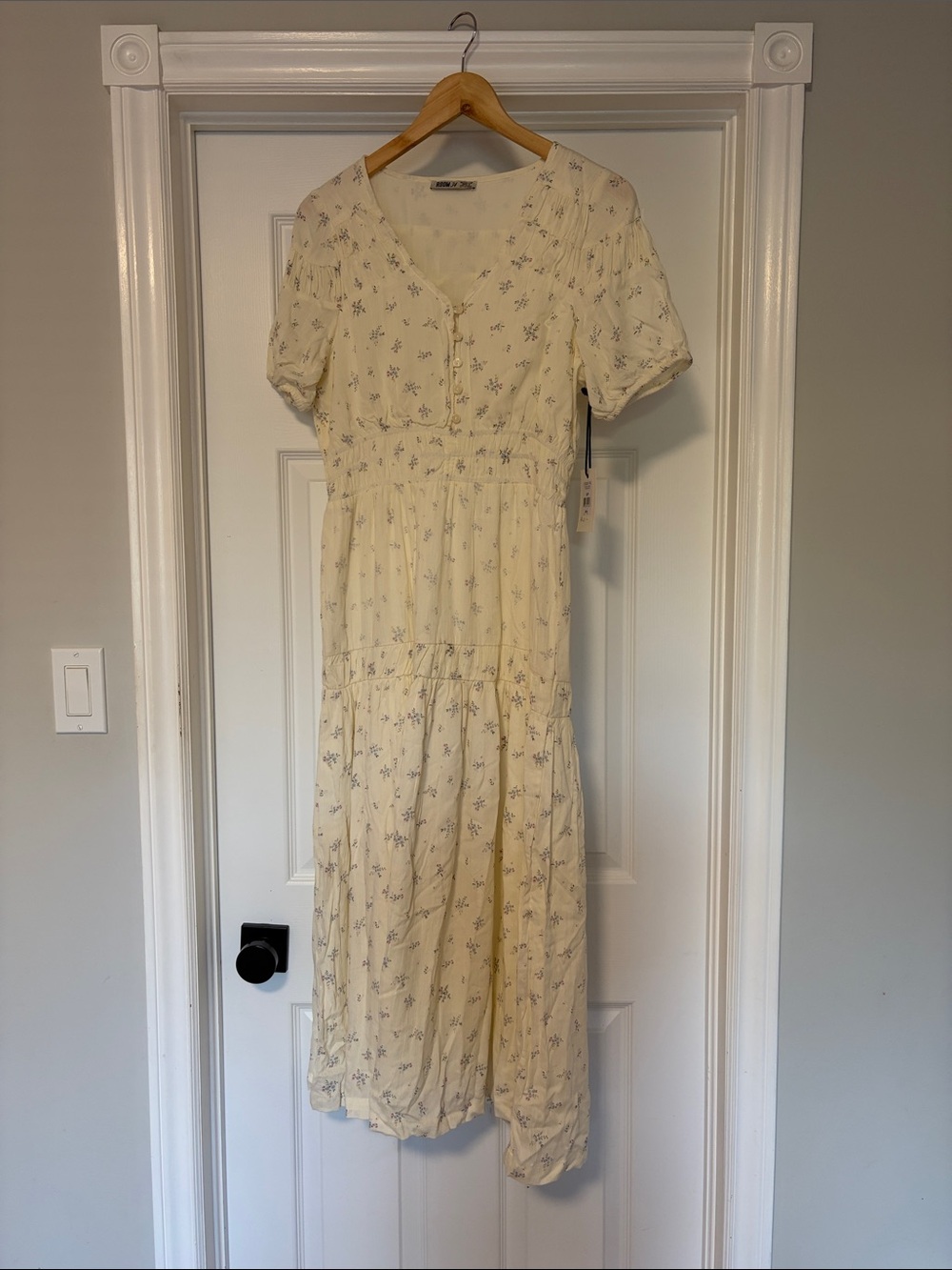 Cream Floral Midi Dress with Button Front